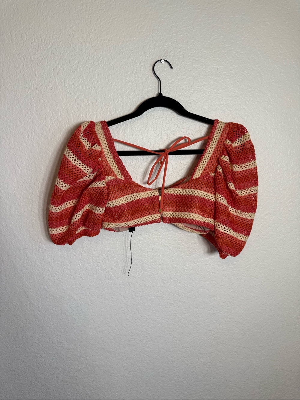 PatBO Orange and Cream Crochet Puff-Sleeve Crop Top & Ruffle Shorts Set - Picture 6 of 16